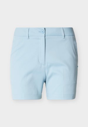 Halványkék rövidnadrág sima anyagból. Patentos rögzítéssel és két elöl lévő zsebbel, tiszta, szabott kialakítással.