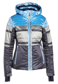 Veste d'hiver rembourrée pour femme avec des blocs de couleurs bleu, gris et noir, fermeture éclair frontale, capuche et poches latérales zippées.