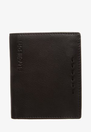 Schwarze Lederbörse mit glatter Textur, geprägtem Branding und detailliertem Stich entlang der Kante. Kompaktes Bi-Fold-Design.