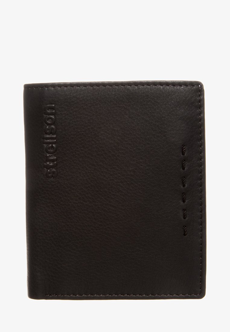 Črn usnjen denarnica z gladko teksturo, embosirano blagovno znamko in podrobnim šivanjem ob robu. Kompakten obliko na college.