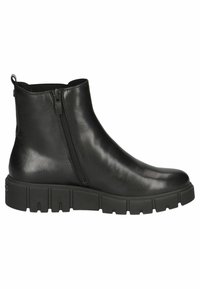 Černá kožená kotníková bota s bočním zipem, masivní gumovou podrážkou a hladkým povrchem. Obsahuje poutko na zadní straně pro snadné obouvání.