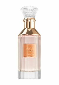 Glasparfymflaska med en fasetterad klar kork, guldaccenter, rektangulär form och en bärnstensfärgad vätska märkt "VELVET ROSE."