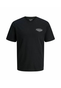 Schwarzes Baumwoll-T-Shirt mit rundem Ausschnitt, kurzen Ärmeln und einem weißen FrontgrafiklH. Bietet eine lockere Passform und eine glatte Textur.