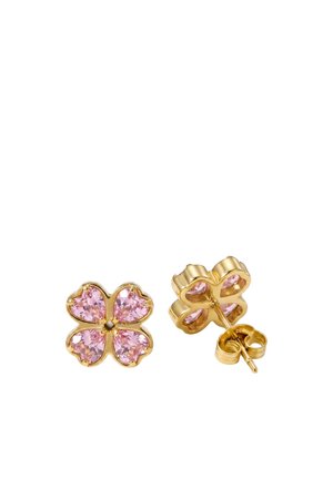 Goldene Steckerohrringe in Form von vierblättrigen Kleeblättern mit rosa herzförmigen Edelsteinen in jedem Blatt, vorne und hinten gezeigt.