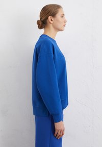 Royal blue sweatshirt with a crew neck, oversized fit, and ribbed cuffs. Features subtle embroidered detail centered on the front.