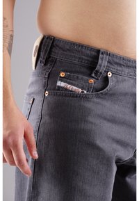 Gray denim jeans with copper rivets, a small front pocket label, and a smooth texture, shown on a hand near the waist.