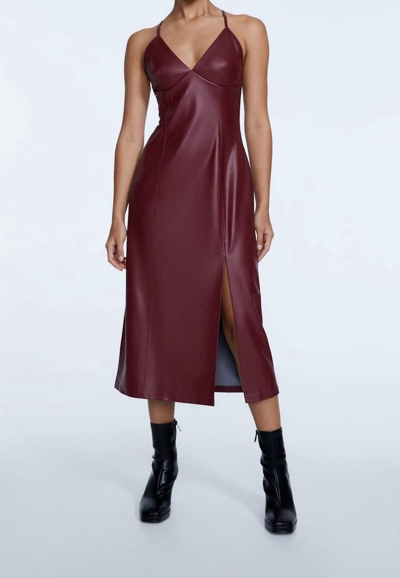slim fit dress slacks Mock Neck Midi Dress With Faux Leather Skirt | Oneida main image 0