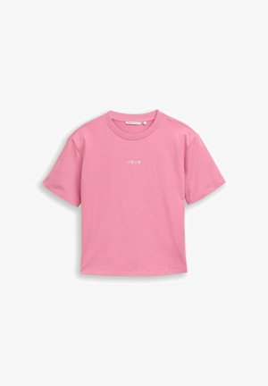 Rosa T-Shirt mit kurzen Ärmeln und Rundhalsausschnitt, mittig auf der Brust mit kleinen weißen, gestickten Symbolen (X, Herz, X, Herz).