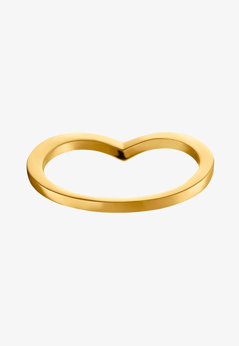 Bague en or lisse et brillante en forme de cœur avec une légère courbe au centre supérieur sur fond blanc.