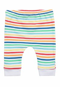 Pantalones de bebé a rayas hechos de algodón suave, con rayas horizontales en rojo, azul, verde, amarillo y naranja, y con puños blancos.