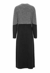 Pitkä villamekko, jossa on harmaa yläosa ja musta alaosa, pitkät hihat ja pyöreä pääntie. Saumadetaileja näkyvissä.