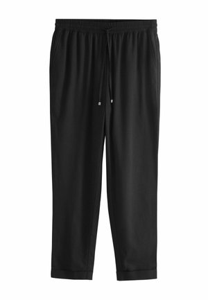 Black cropped jogger pants made of lightweight fabric, featuring an elastic waistband with drawstring and side pockets. Smooth texture, simple design.