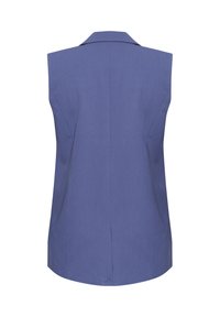 Dopasowana, bezrękawnikowa bluzka w jednolitym, ciemnoniebieskim kolorze. Posiada wycięty kołnierzyk i prosty dół z małym rozcięciem z tyłu.