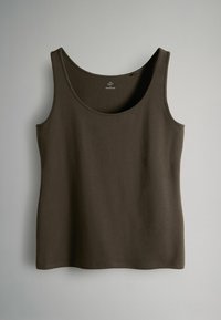 Maiou maro închis fără mâneci, cu decolteu rotund, fabricat dintr-un material neted și elastic, cu un design simplu și fără modele vizibile.