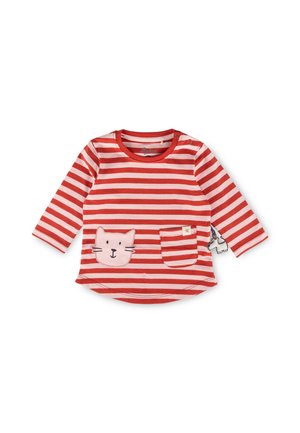 Langärmiges Kleinkind-Shirt mit rot-weißen Streifen, Katzen-Gesicht-Aufnäher, gestreifter Tasche und Druckknöpfen an der Schulter.