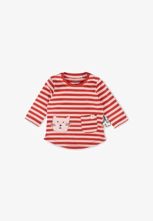 Maglietta a manica lunga per bambino con righe rosse e bianche, toppa con faccia di gatto, tasca a righe e bottoni a pressione sulla spalla.