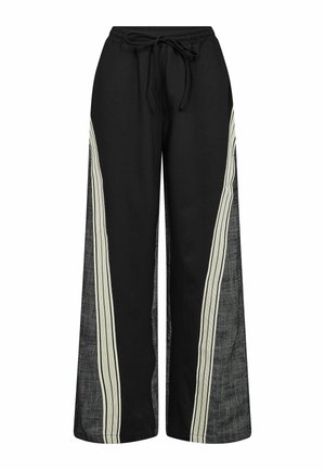 Black wide-leg pants made from a blend of materials, featuring contrasting light stripes along the sides and a drawstring waistband.