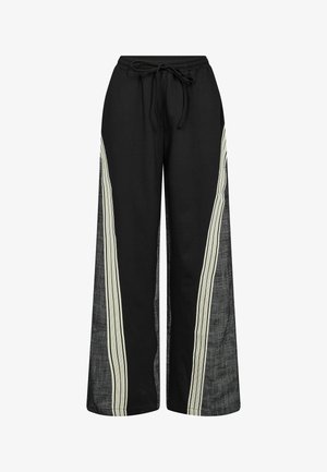 Black wide-leg pants made from a blend of materials, featuring contrasting light stripes along the sides and a drawstring waistband.