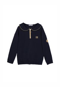 Maglione navy con colletto rotondo, rifiniture dorate, zip frontale e orlo elasticizzato. Presenta un dettaglio del logo sul petto e sulla manica.