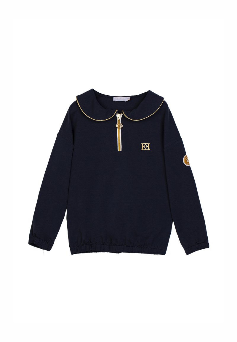 Maglione navy con colletto rotondo, rifiniture dorate, zip frontale e orlo elasticizzato. Presenta un dettaglio del logo sul petto e sulla manica.