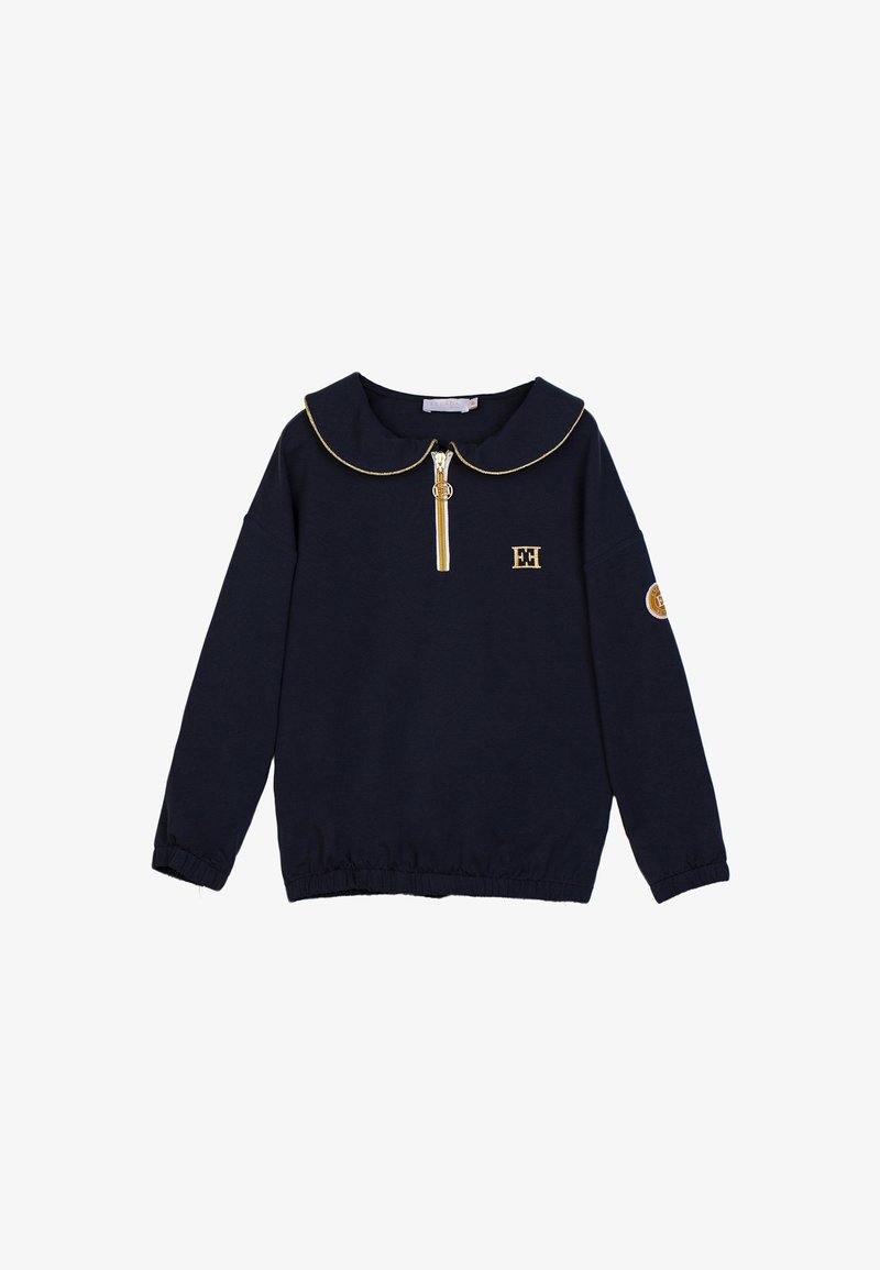 Maglione navy con colletto rotondo, rifiniture dorate, zip frontale e orlo elasticizzato. Presenta un dettaglio del logo sul petto e sulla manica.