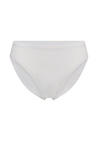 Hvide bomuldsbikini-trusser med en glat tekstur, udstyret med elastisk talje og benåbninger, designet til dækning og komfort.