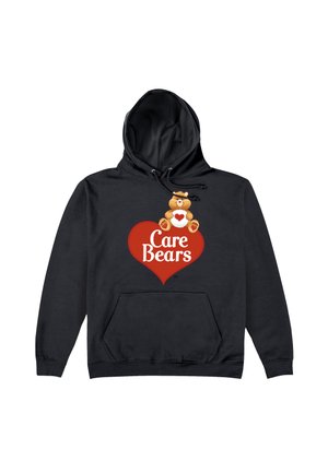 Czarna bluza z kapturem, wykonana z miękkiego materiału, z graficznym wzorem przedstawiającym niedźwiedzia siedzącego w czerwonym sercu oraz napisem "Care Bears" poniżej.