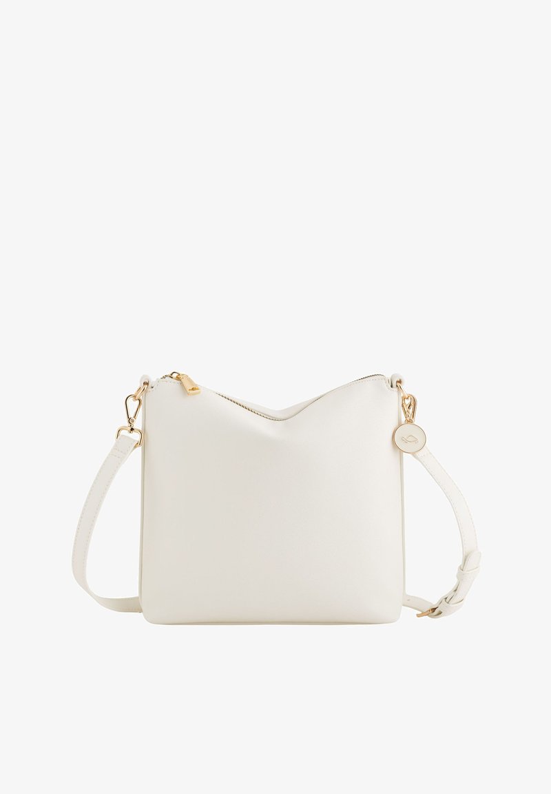 White, faux leather crossbody bag with a triangular top, gold hardware accents, adjustable strap, and a zippered closure.