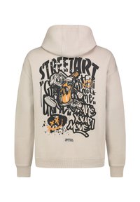 Beige Kapuzenpullover mit einem farbenfrohen Street-Art-Design auf der Rückseite, erhältlich mit schwarzen, orangen und Farbspritzern als Akzenten. Hergestellt aus Baumwolle.