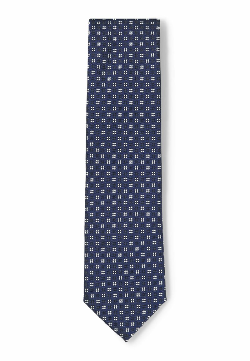 Cravate bleu marine avec un motif géométrique composé de petits carrés blancs, fabriquée en tissu texturé, de forme étroite et avec une pointe.