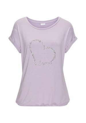 T-shirt a maniche corte di colore lilla con vestibilità comoda. Presenta un design a forma di cuore realizzato in paillettes argentate; texture del tessuto morbida.