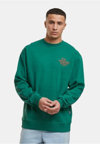 Sudadera verde de algodón, con puños y cuello acanalados. Pequeño gráfico de texto en dorado en el pecho. Diseño ajustado.