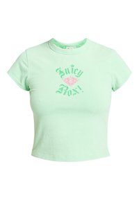 Ανοιχτοπράσινο κοντομάνικο κοντό T-shirt με ροζ και πράσινο κείμενο "Juicy Rox!" και λουλουδάτο σχέδιο στο στήθος.