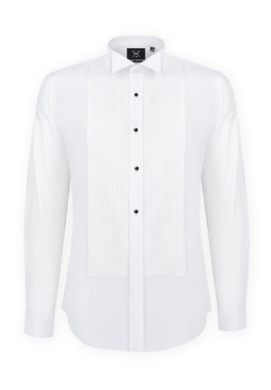 Biała koszula z długim rękawem z plisowanym przednim panelem, czarnymi guzikami i klasycznym kołnierzykiem; gładki materiał o regularnym kroju.