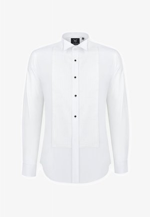 Biała koszula z długim rękawem z plisowanym przednim panelem, czarnymi guzikami i klasycznym kołnierzykiem; gładki materiał o regularnym kroju.