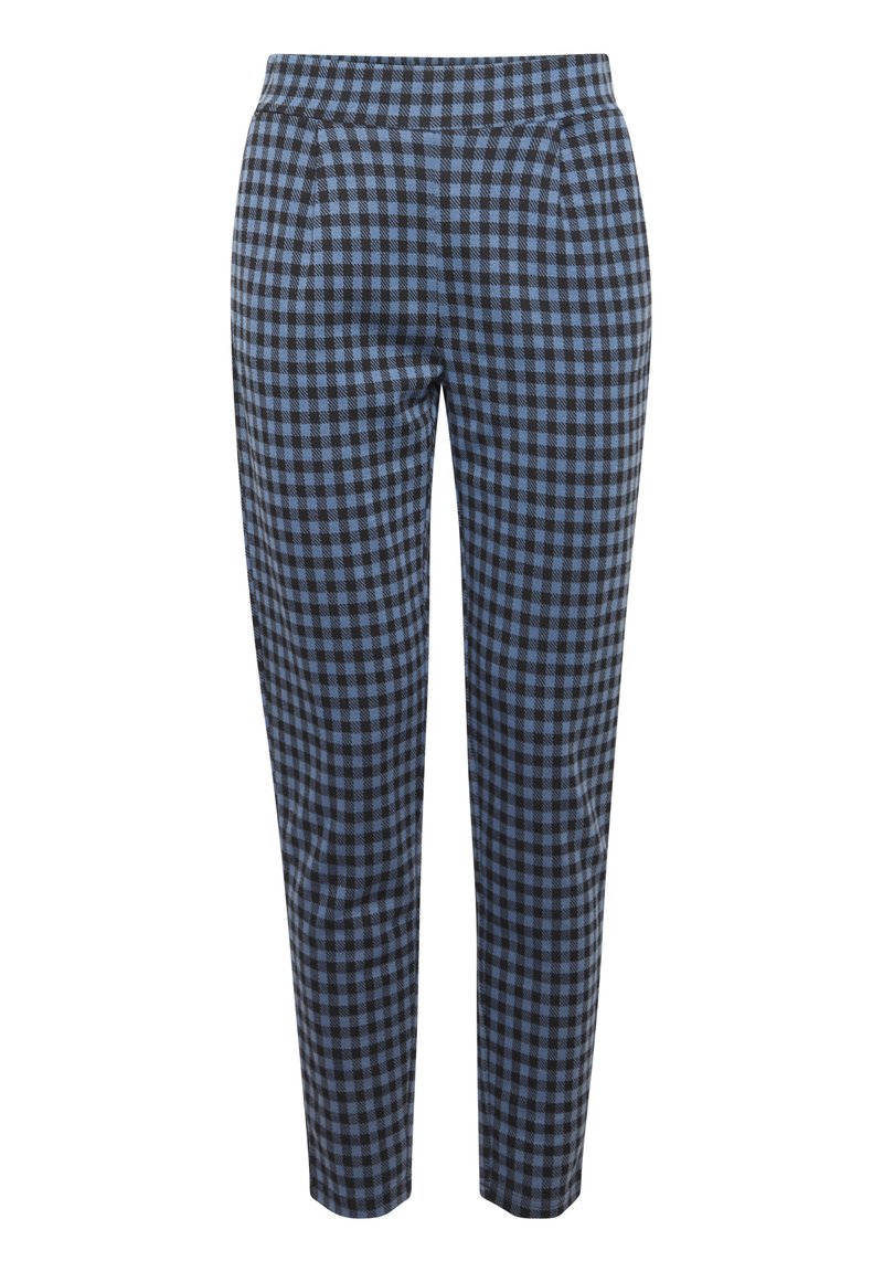 Pantalons à carreaux en bleu et noir, présentant une coupe ajustée, un devant plat et une texture lisse. Design sur mesure avec des plis pour une meilleure structure.