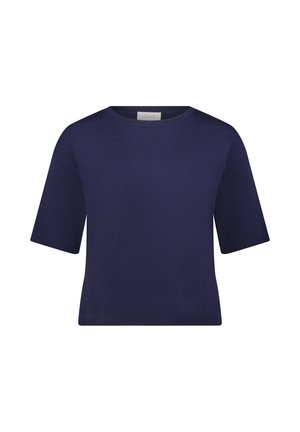 Granatowy top z krótkim rękawem wykonany z gładkiej dzianiny, z okrągłym dekoltem i luźnym krojem z delikatnymi prążkowanymi akcentami.