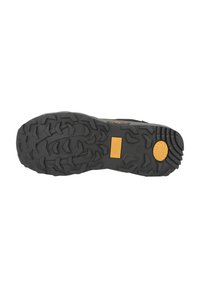 Schwarze Gummisohle mit einem gemusterten Profil für besseren Grip, mit einem gelben Akzent und dem deutlich sichtbaren Markenlogo.