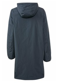 Mørkeblå vandtæt parka med hætte, lange ærmer og en løs pasform. Har en glat tekstur og et enkelt design. Renset kant og sømme.