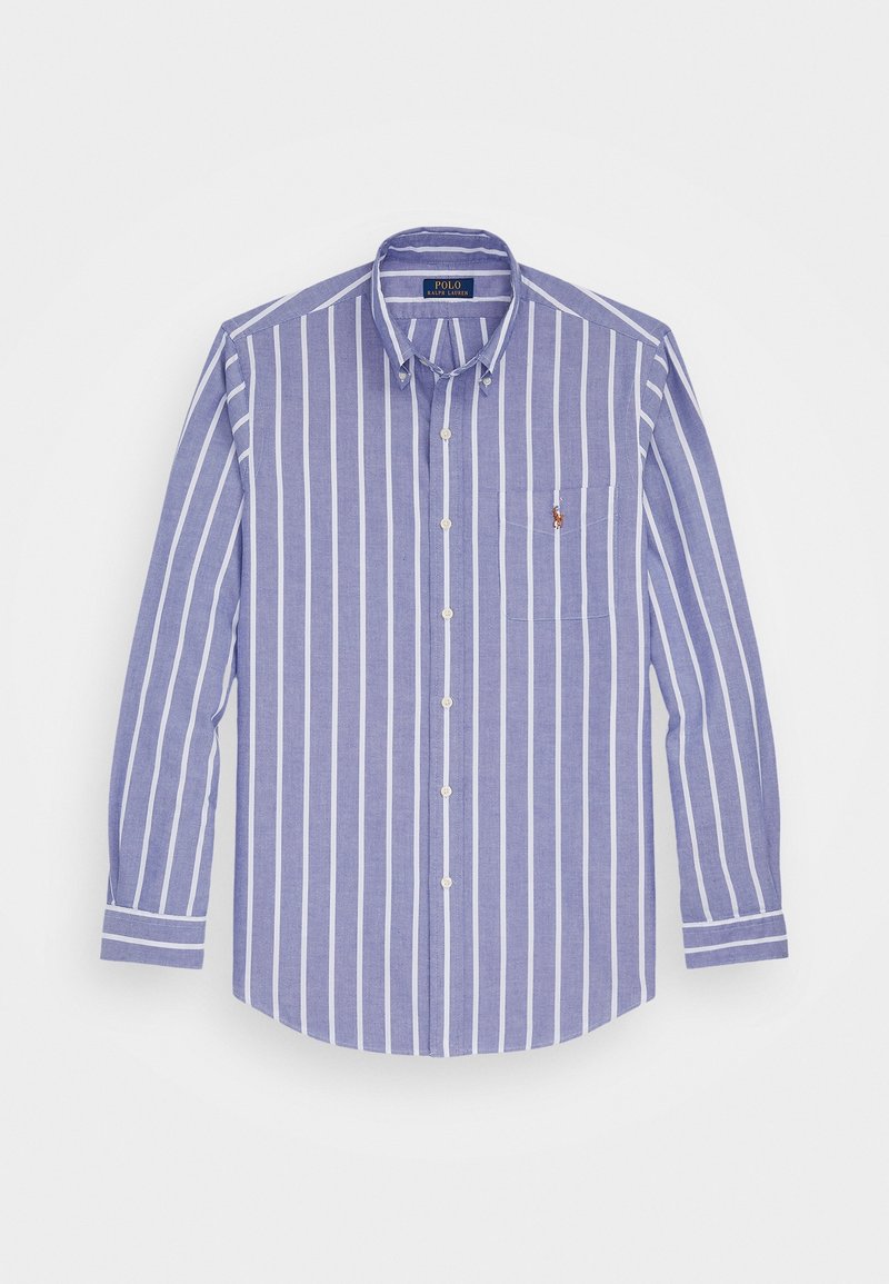 Striped button-up shirt in light blue and white, long sleeves, small chest pocket, and logo detail on the pocket. Cotton fabric.