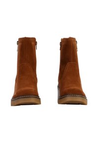 Stivaletti in suede marrone con tacco basso, zip laterali e cuciture in contrasto. Il design presenta superfici lisce e punte arrotondate.