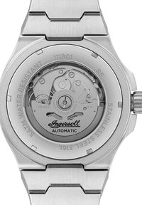 Automatisch horloge met behuizing en armband van roestvrij staal. Transparante achterkant onthult het uurwerk. Voorzien van gravures: "5 ATM waterdicht," "Ingersoll."