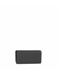 Portefeuille noir en cuir texturé de forme rectangulaire avec fermeture à rabat. Présente des lignes épurées et un design minimaliste sans matériel visible.