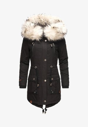 Sort parka med en stor faux fur hætte, flere lynlås- og pocketdetaljer, snøre inddraget i taljen og ribstrikkede manchetter.