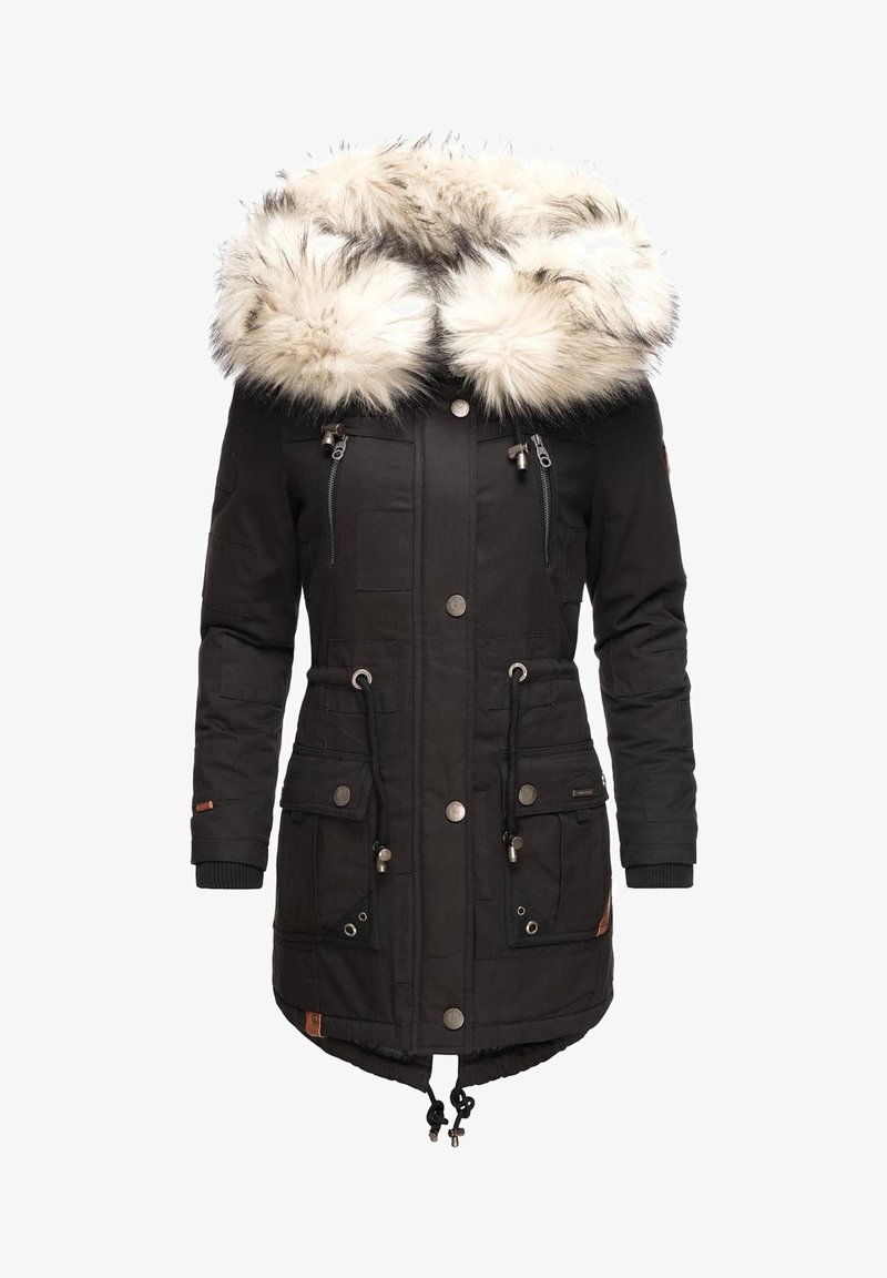 Black parka coat with a large faux fur hood, multiple zippered and pocket details, drawstring waist, and ribbed cuffs.