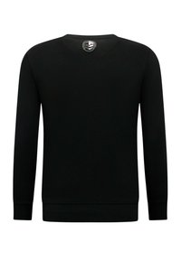 Zwarte trui met een ronde halslijn en lange mouwen, gemaakt van een glad gebreide stof, met een rond logo-accent aan de achterkant van de halslijn.