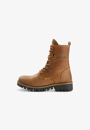 Brown leather lace-up boots with a textured finish, padded collar, and a rugged rubber sole. Features embossed text on the side.