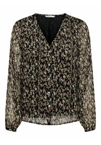 Schwarze transparente Bluse mit V-Ausschnitt, ausgestattet mit einem beige- und braunfarbigen abstrakten Muster, langen Ärmeln und sechs Knöpfen auf der Vorderseite.