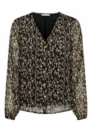 Blouse noire transparente avec un décolleté en V, ornée d'un motif abstrait beige et marron, à manches longues et six boutons à l'avant.