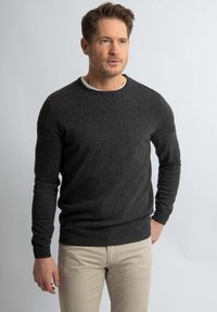 Donkergrijze wollen crewneck trui met ribgebreide mouwen en onderrand, met een klassiek ontwerp. Gedragen over een wit shirt, gecombineerd met lichtgekleurde broek.